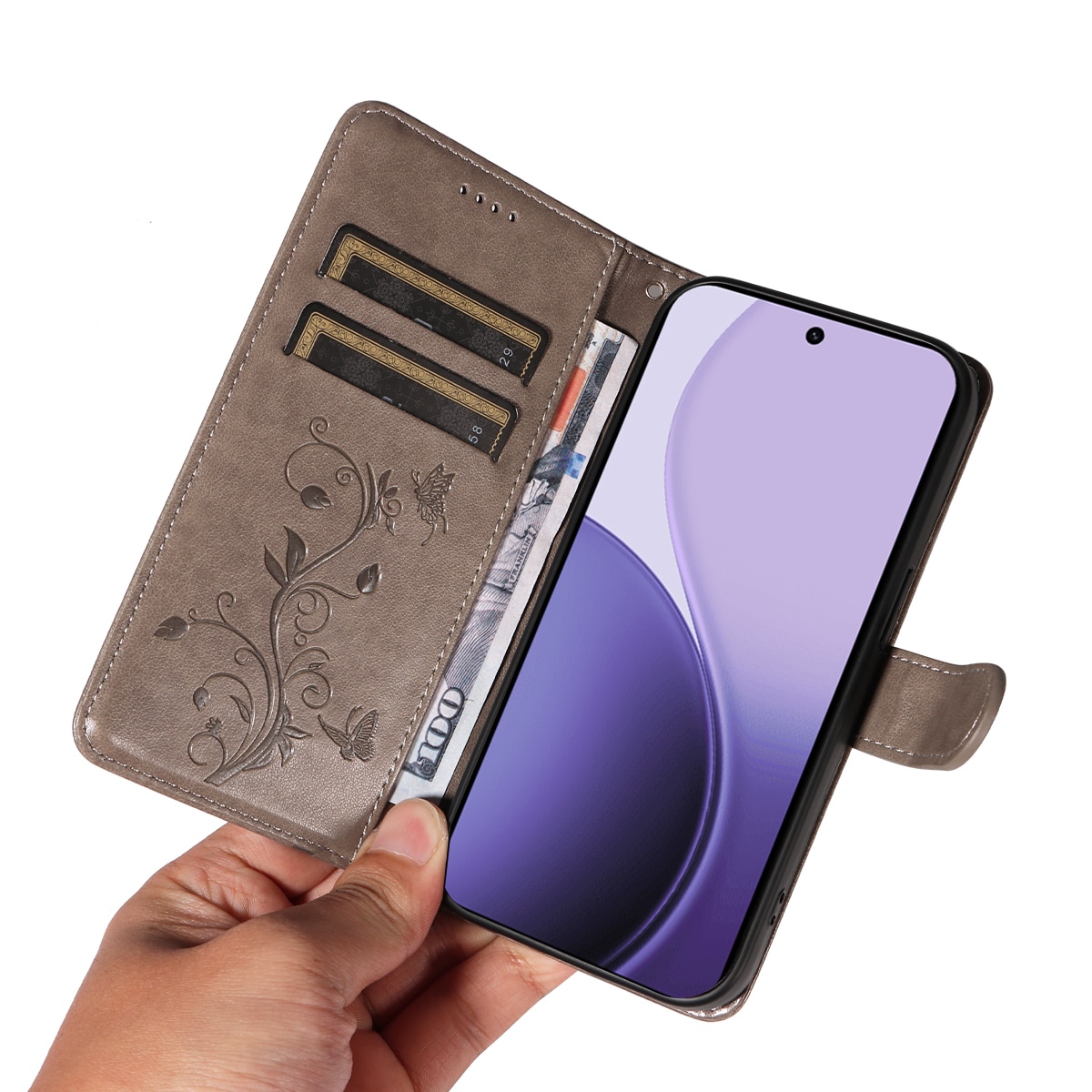 Lærveske Sommerfugler Oppo Reno 14 F Grå
