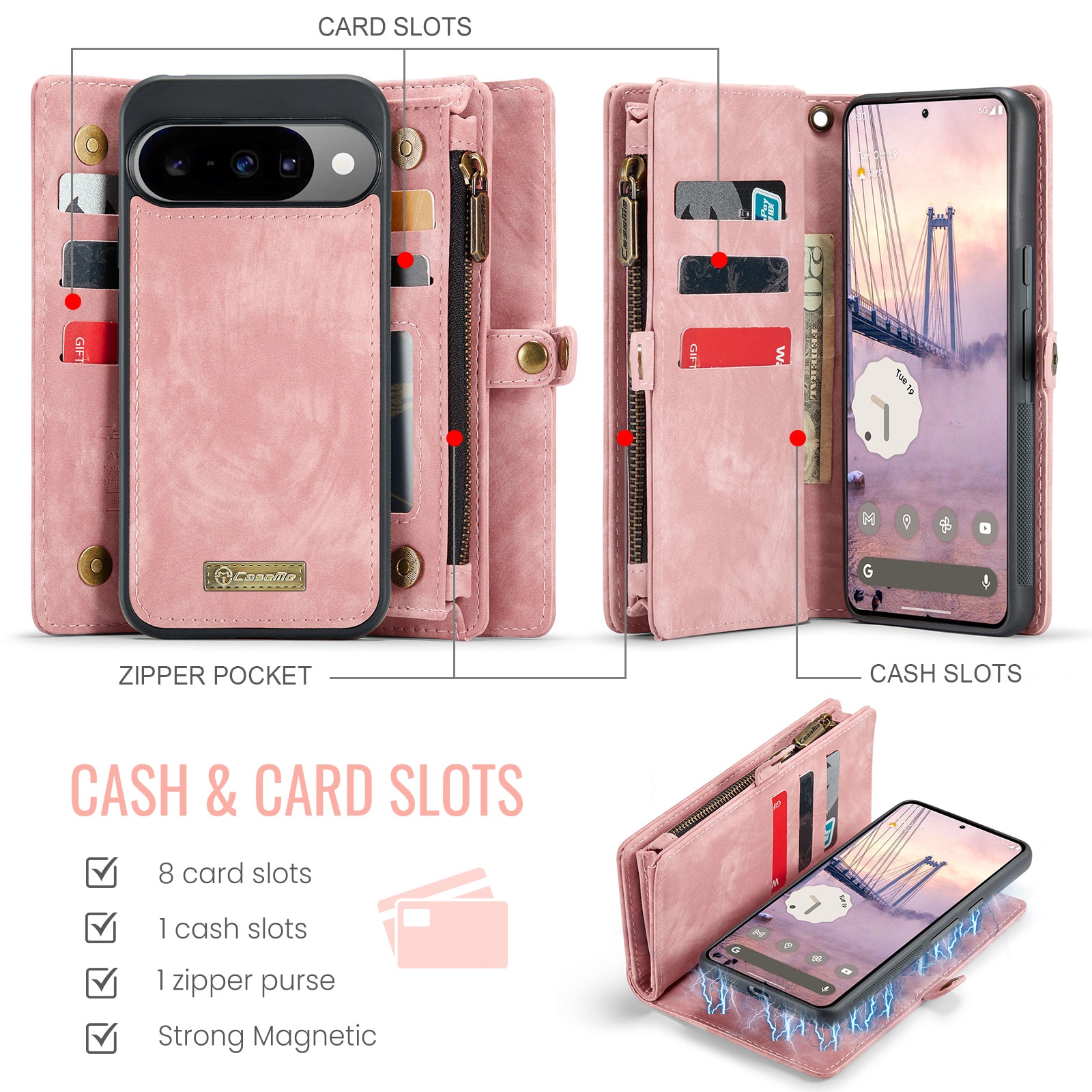 Multi-slot Lommeboksetui Google Pixel 10 Rosa