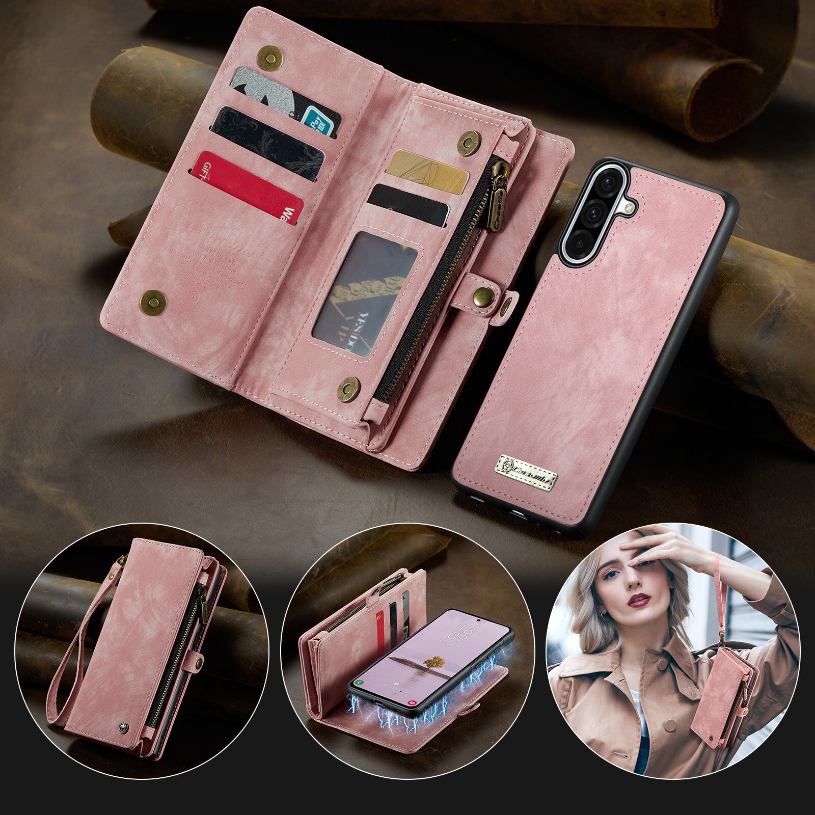 Multi-slot Lommeboksetui Samsung Galaxy A17 Rosa