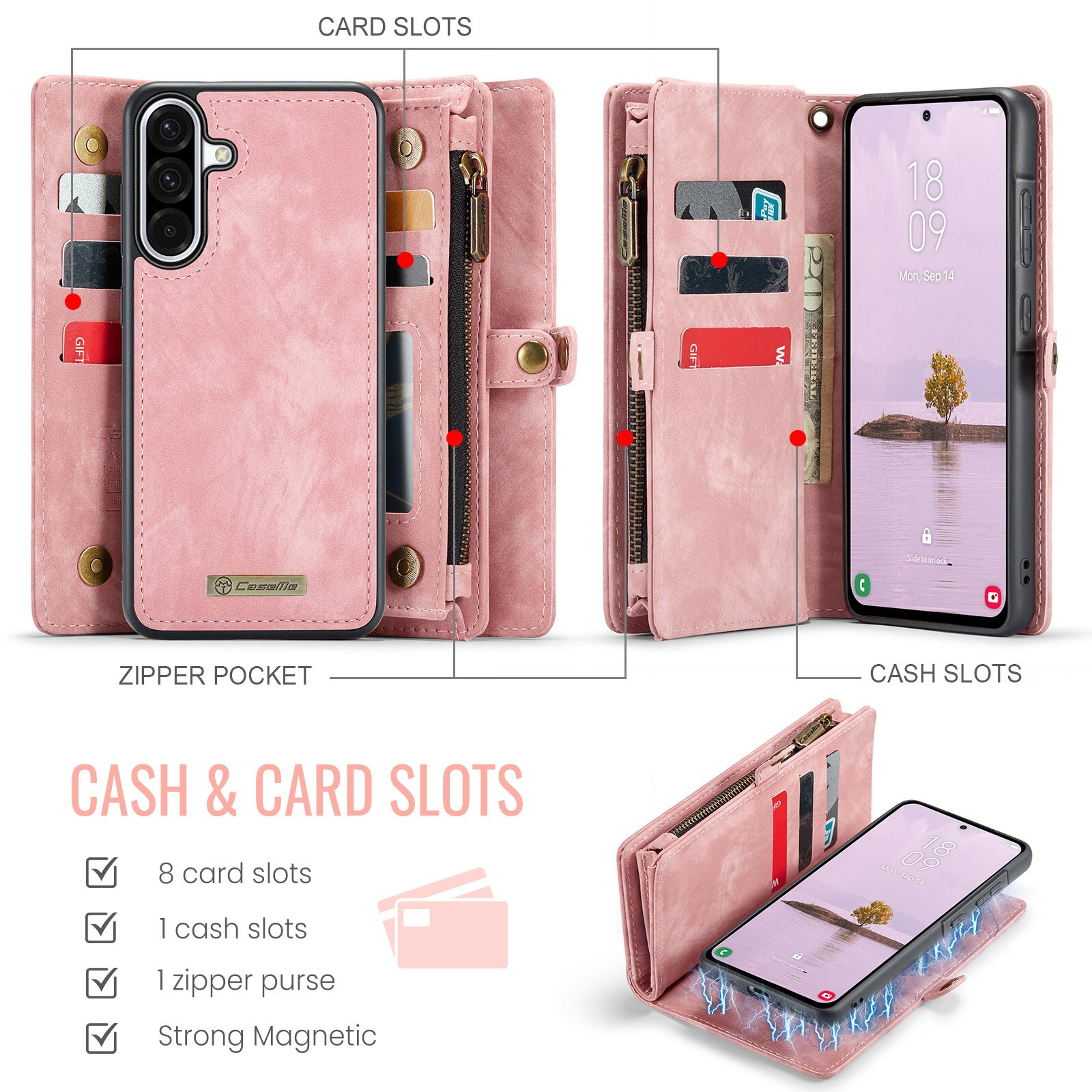 Multi-slot Lommeboksetui Samsung Galaxy A17 Rosa