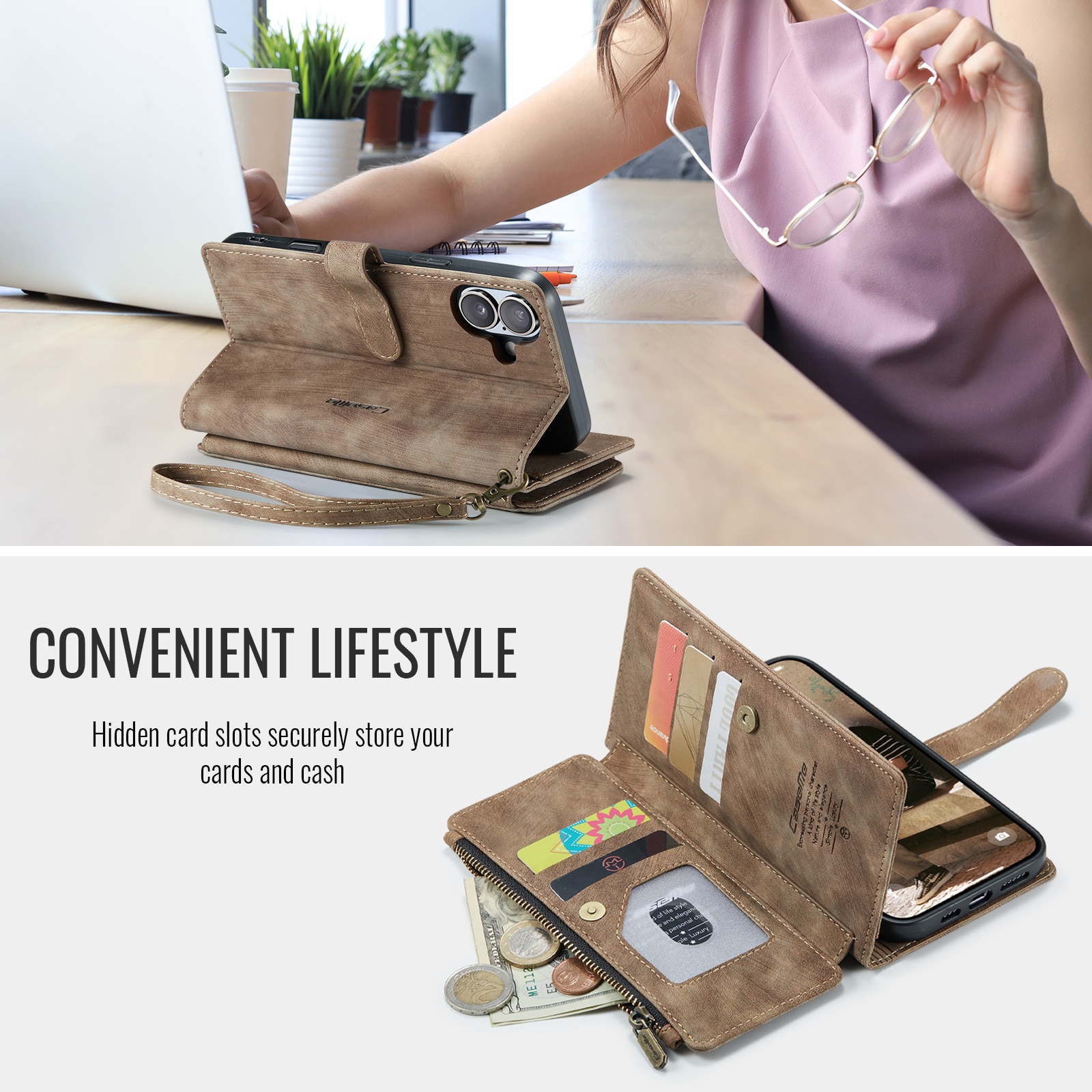 Zipper Wallet iPhone 17 Brun