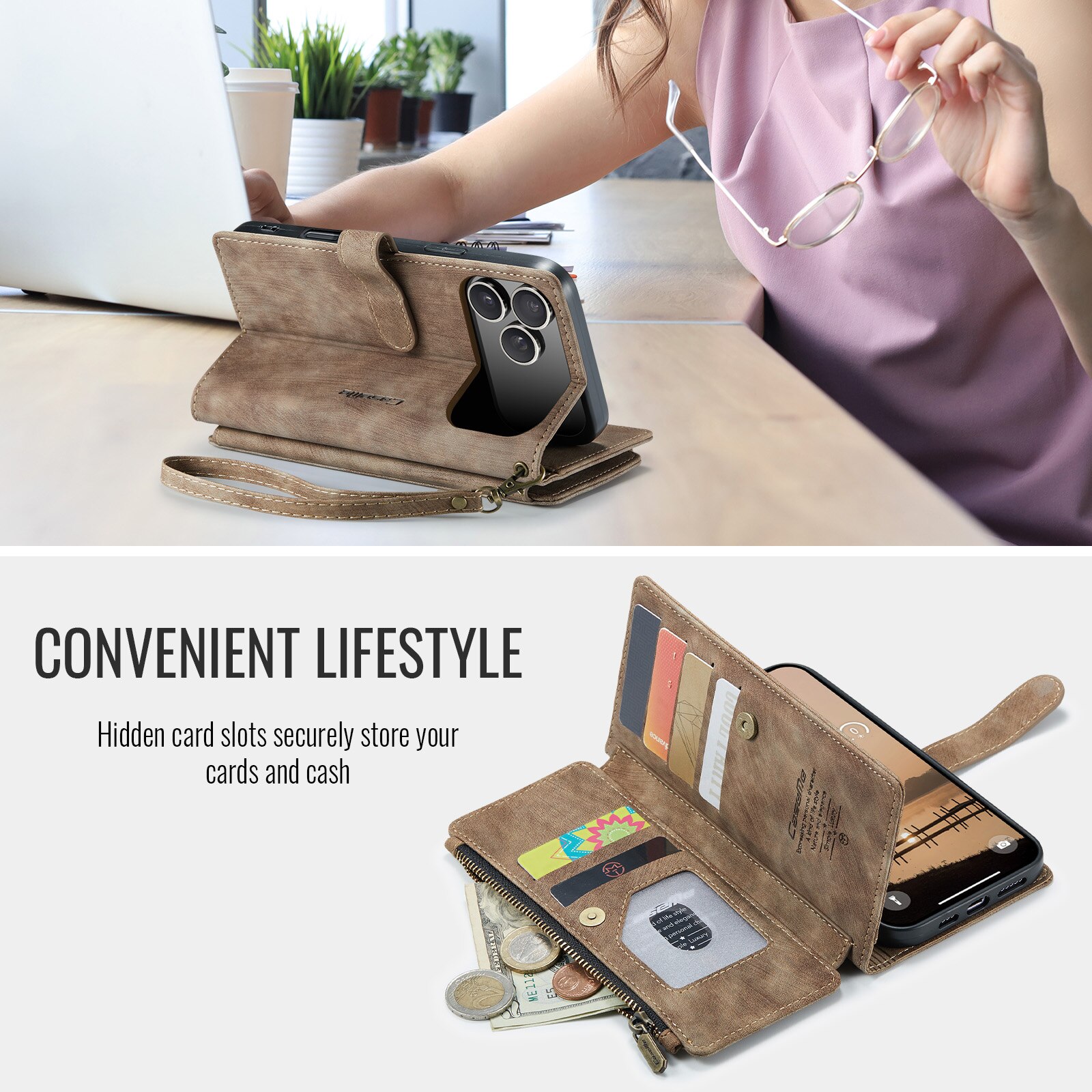 Zipper Wallet iPhone 17 Pro Brun
