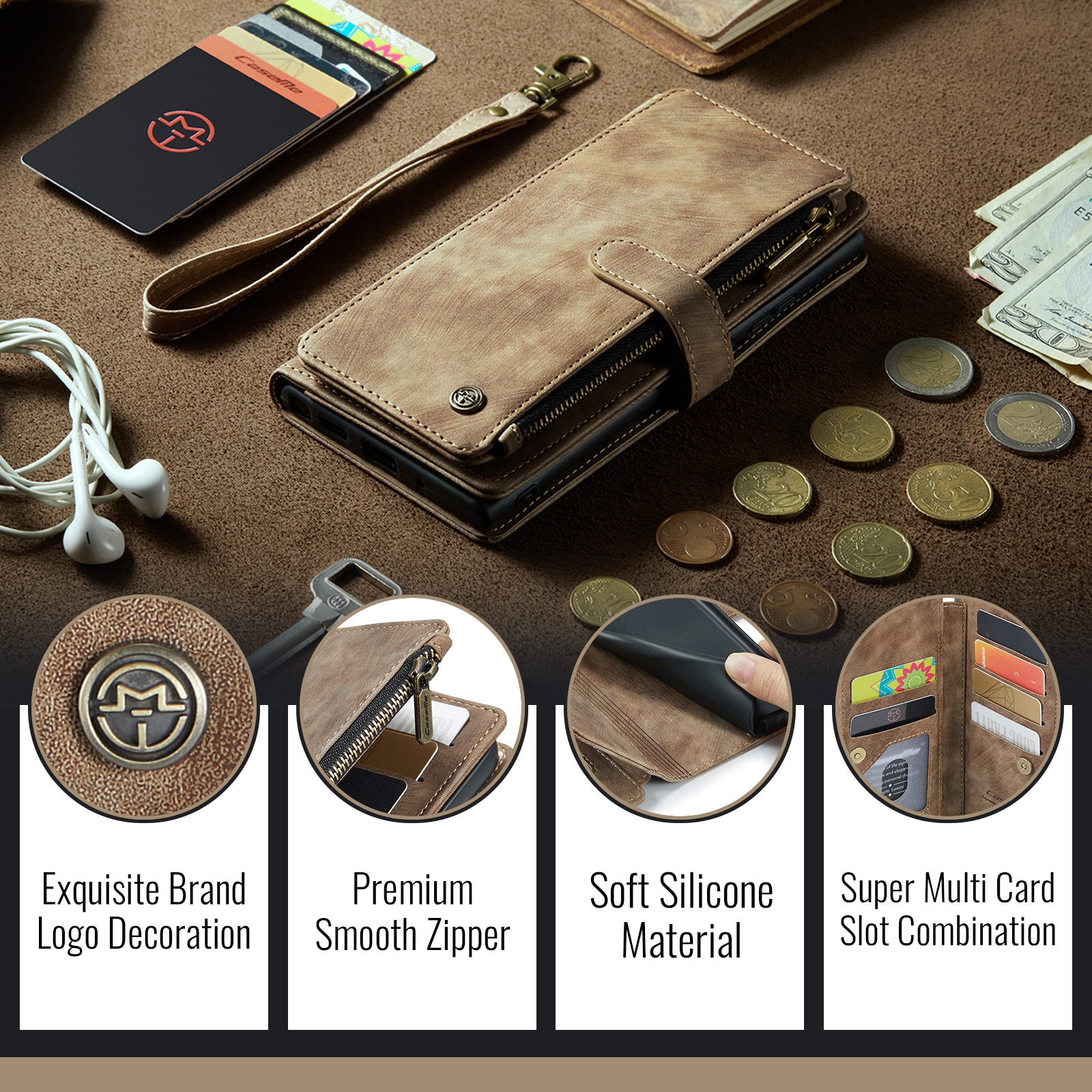 Zipper Wallet iPhone 17 Pro Brun