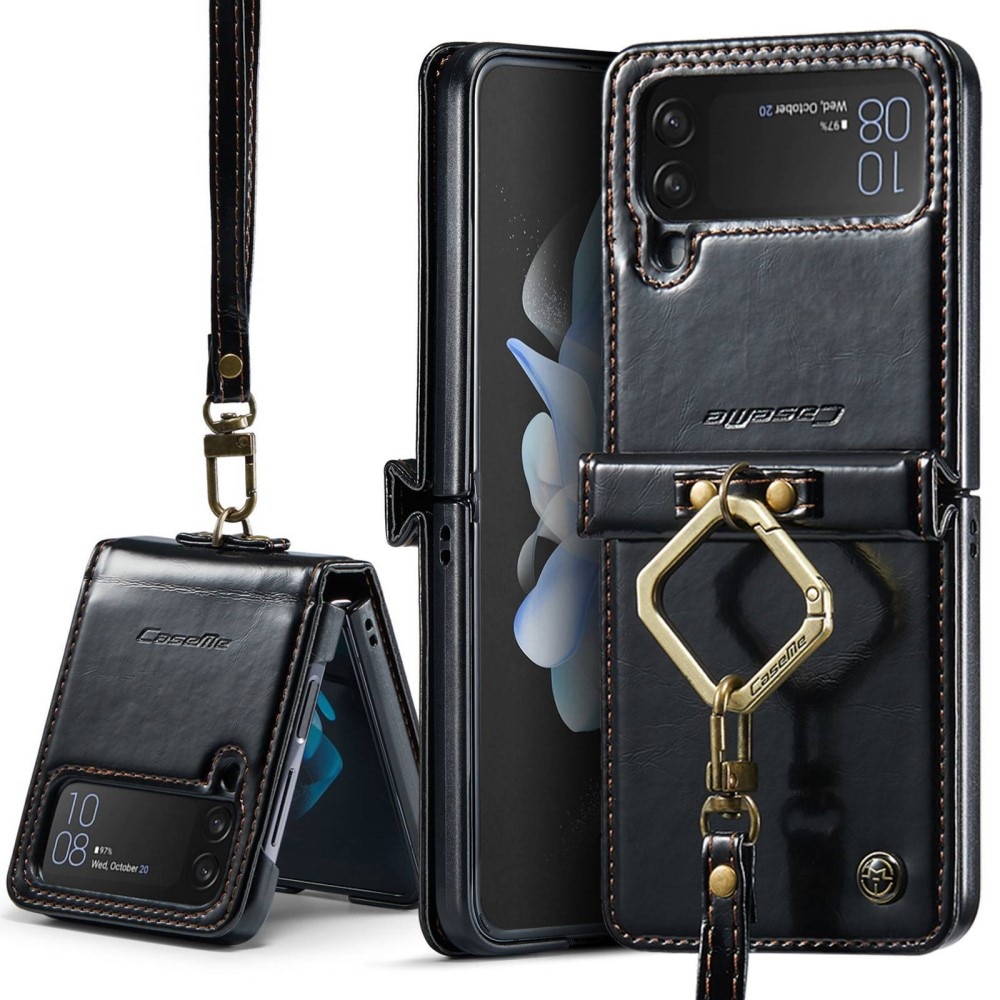 Leather Wallet Handstrap Samsung Galaxy Z Flip 4 svart