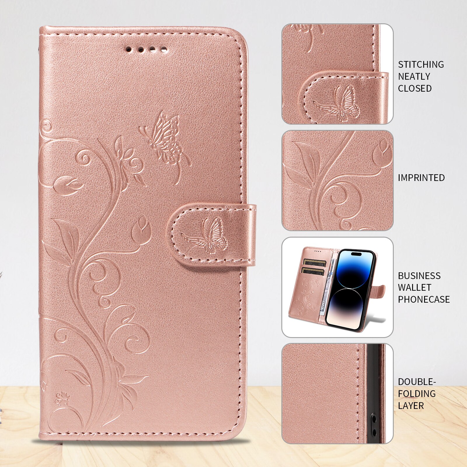 Lærveske Sommerfugler Sony Xperia 10 VII Rosegull