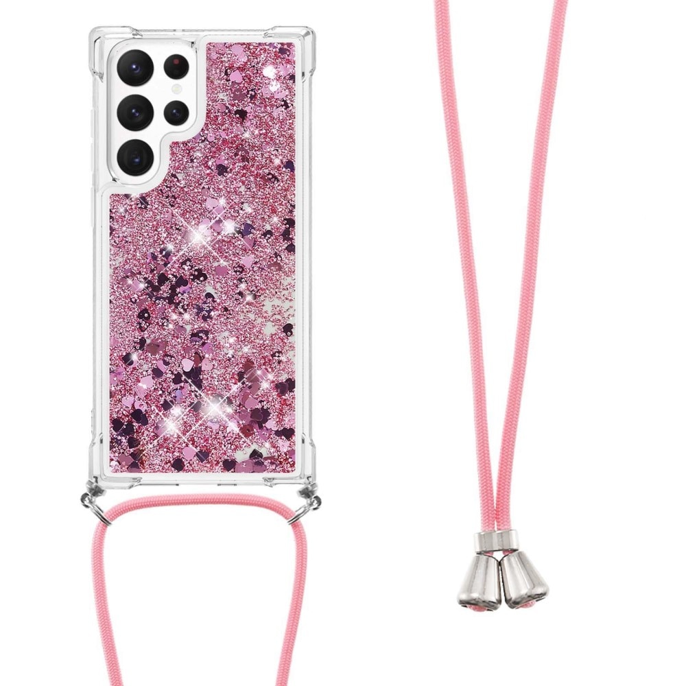 Glitter Powder TPU Deksel Halskjede Samsung Galaxy S23 Ultra rosa