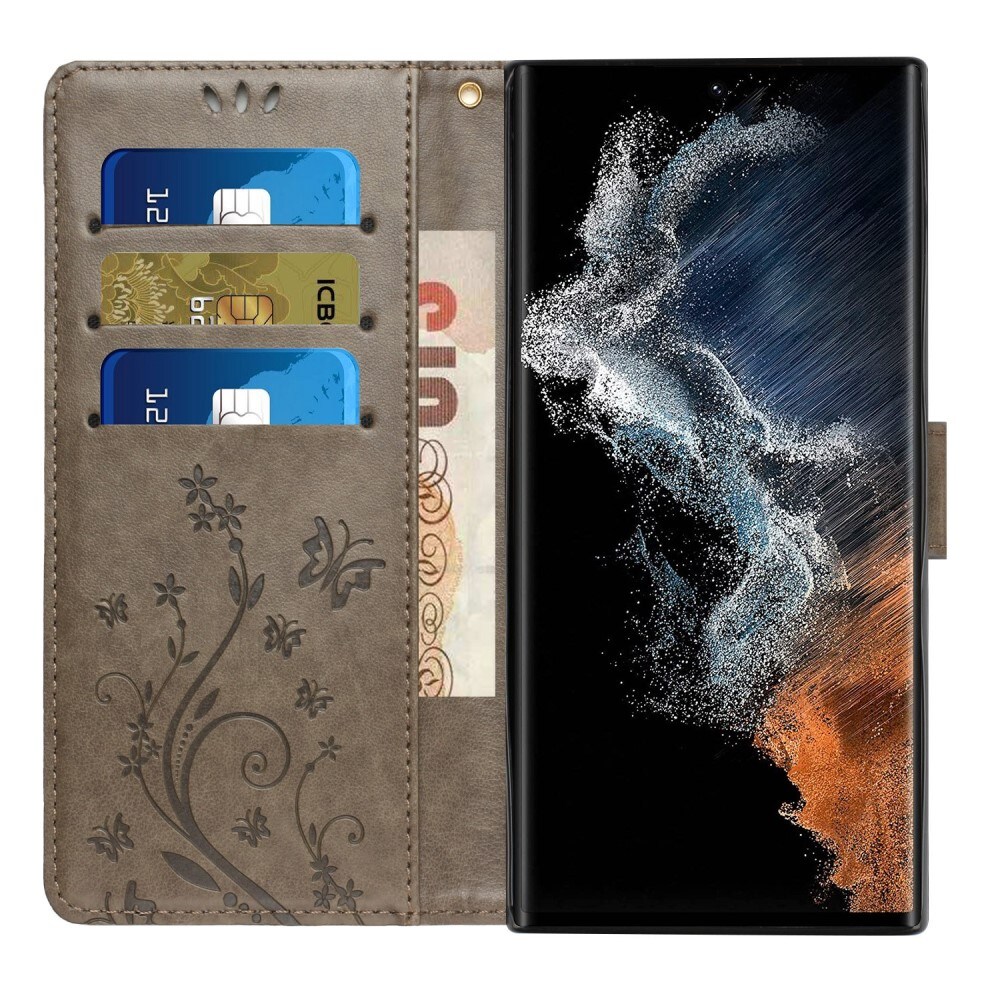 Lærveske Sommerfugler Samsung Galaxy S23 Ultra Grå