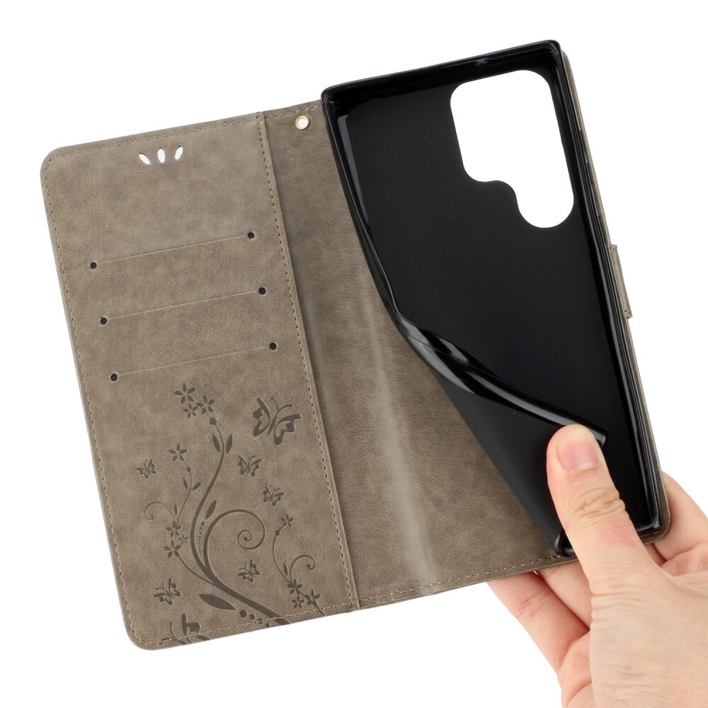 Lærveske Sommerfugler Samsung Galaxy S23 Ultra Grå