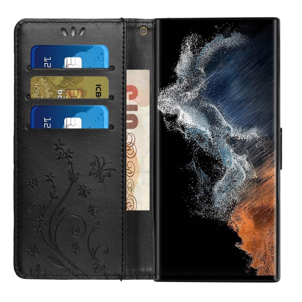Lærveske Sommerfugler Samsung Galaxy S23 Ultra Svart