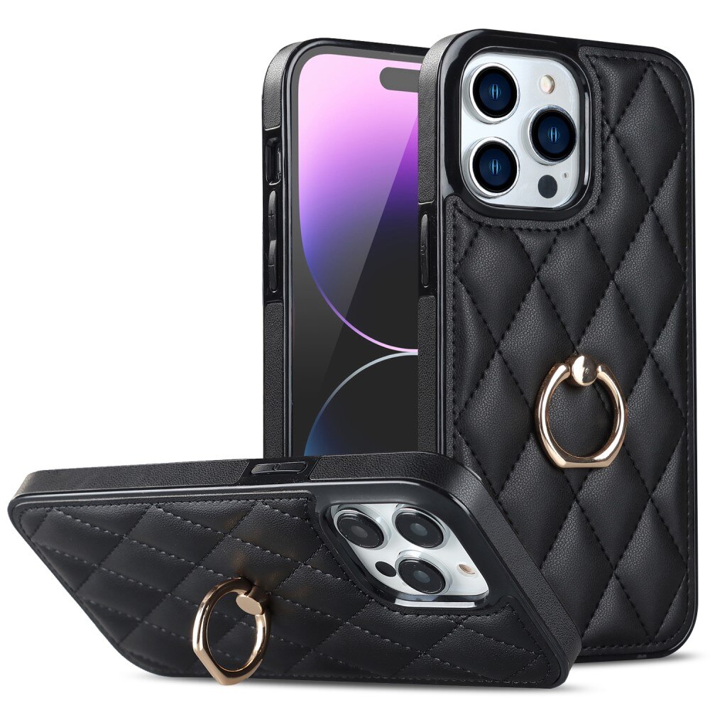 Deksel Finger Ring iPhone 14 Pro Quilted svart