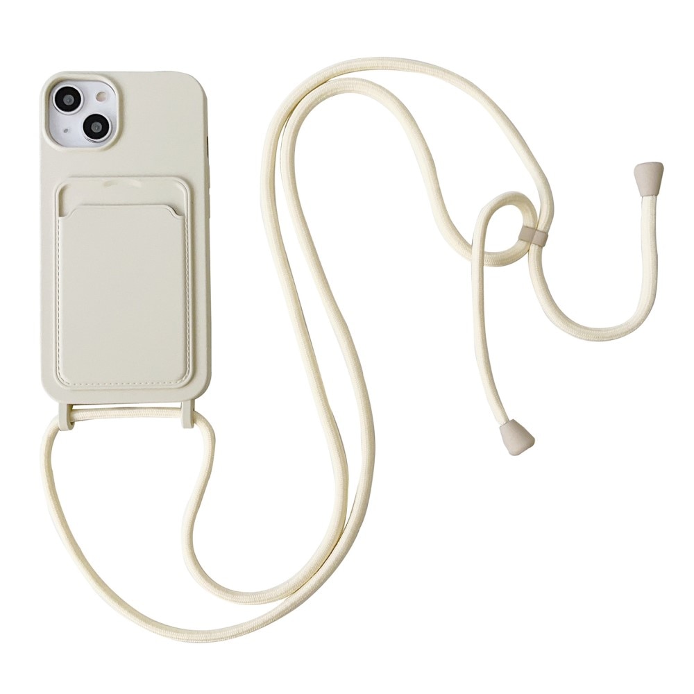 iPhone 14 Deksel Silikon Kortholder + Halskjede beige