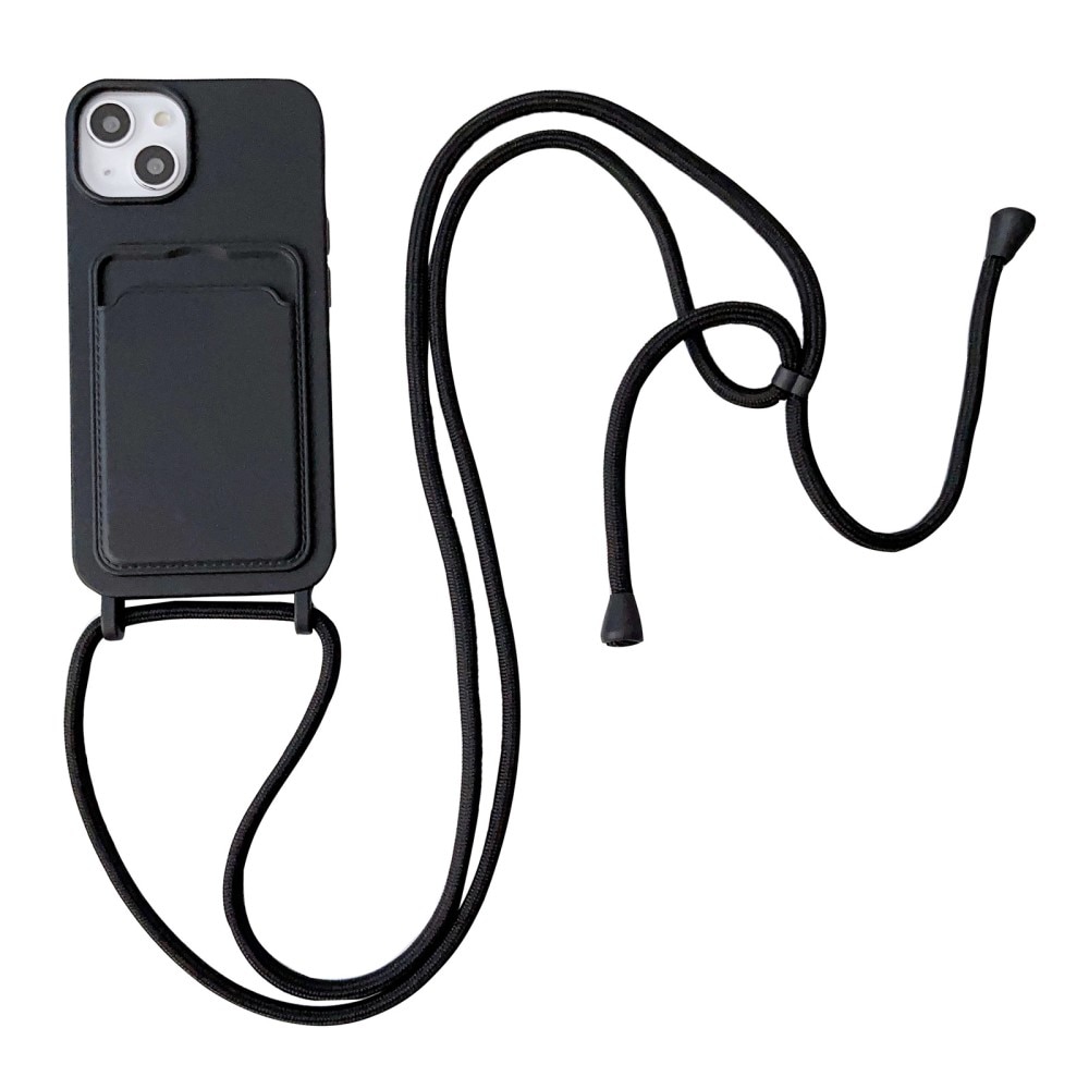 iPhone 14 Deksel Silikon Kortholder + Halskjede svart