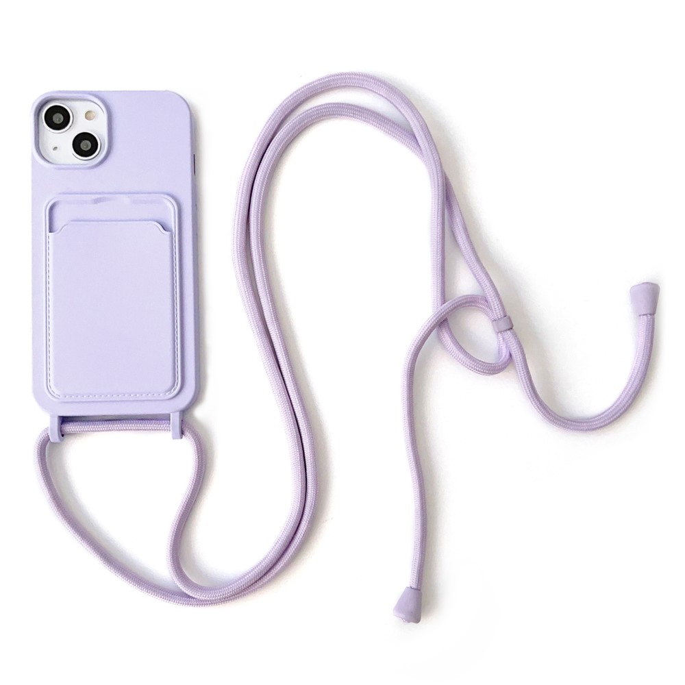 iPhone 14 Deksel Silikon Kortholder + Halskjede lilla