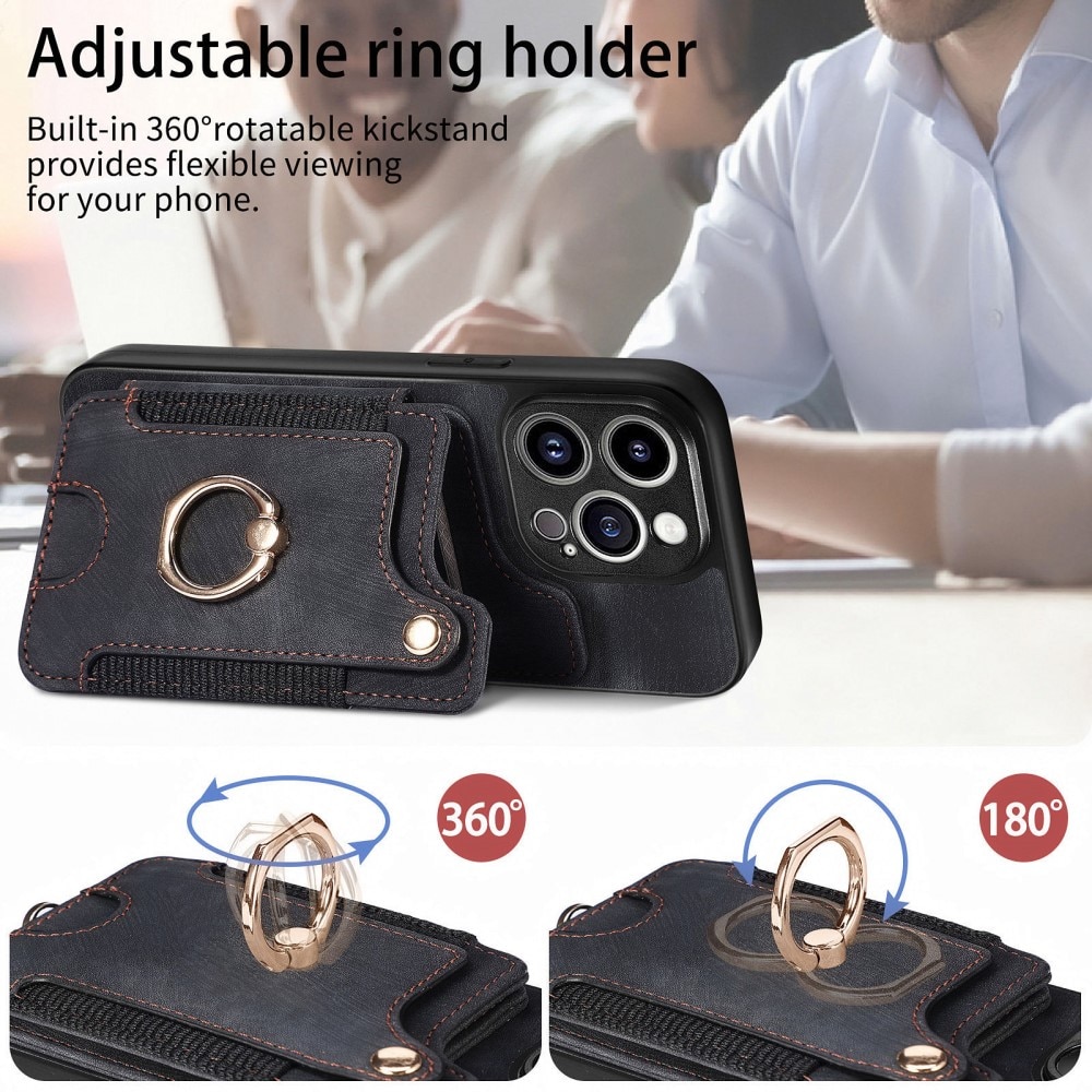Lommebokdeksel RFID blocking + Finger Ring iPhone 13 Pro svart