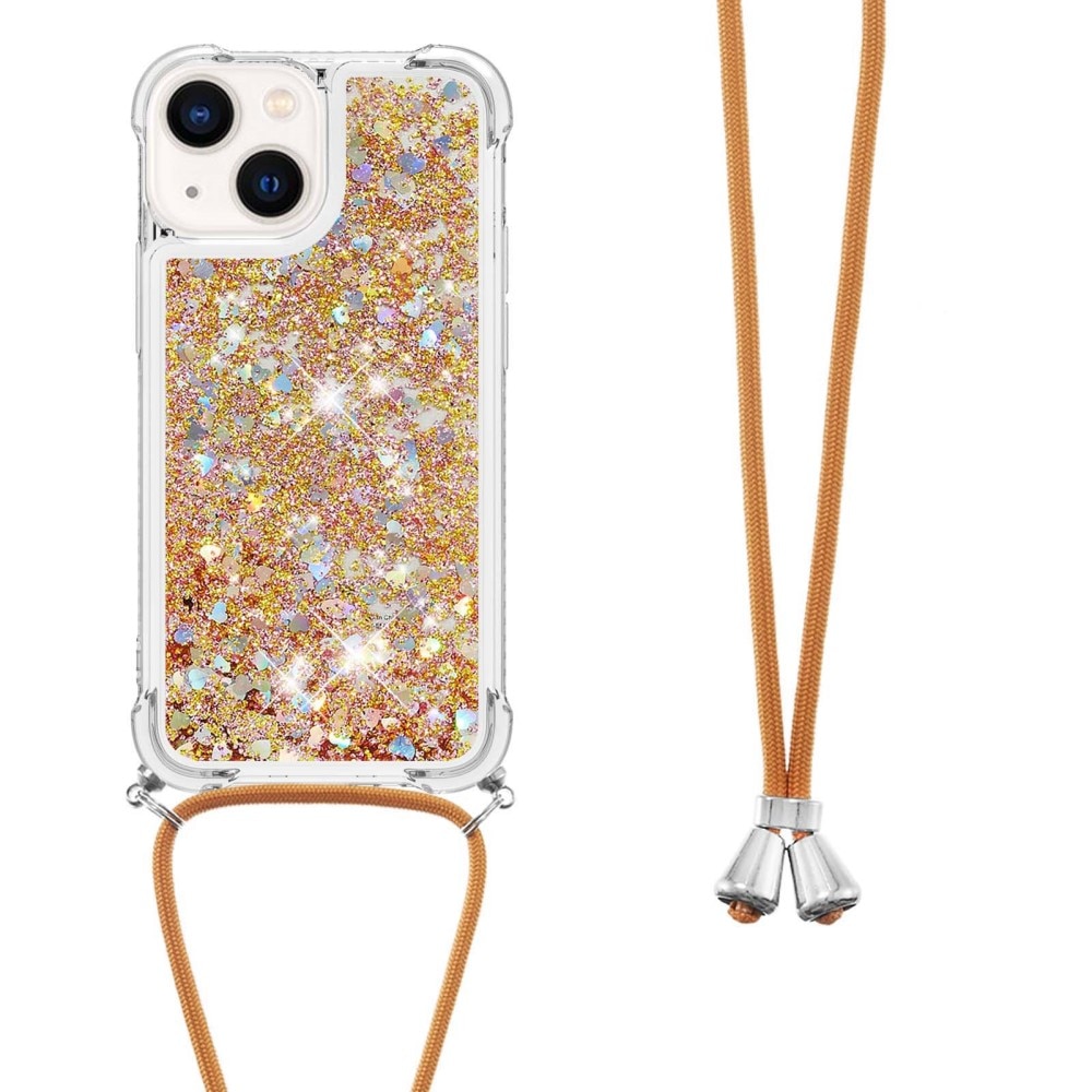 Glitter Powder TPU Deksel Halskjede iPhone 15 gull