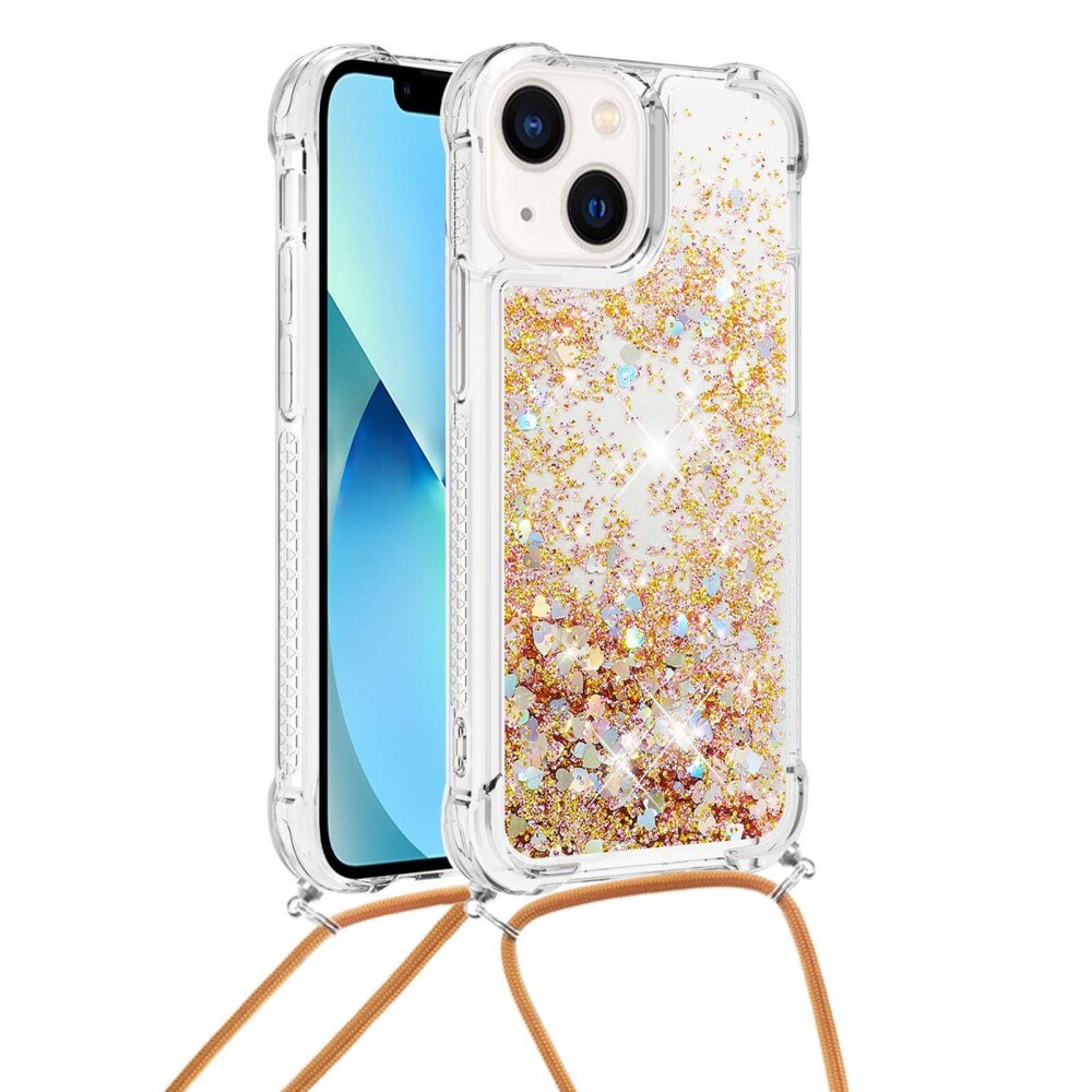 Glitter Powder TPU Deksel Halskjede iPhone 15 gull