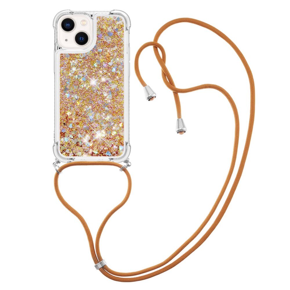 Glitter Powder TPU Deksel Halskjede iPhone 15 gull