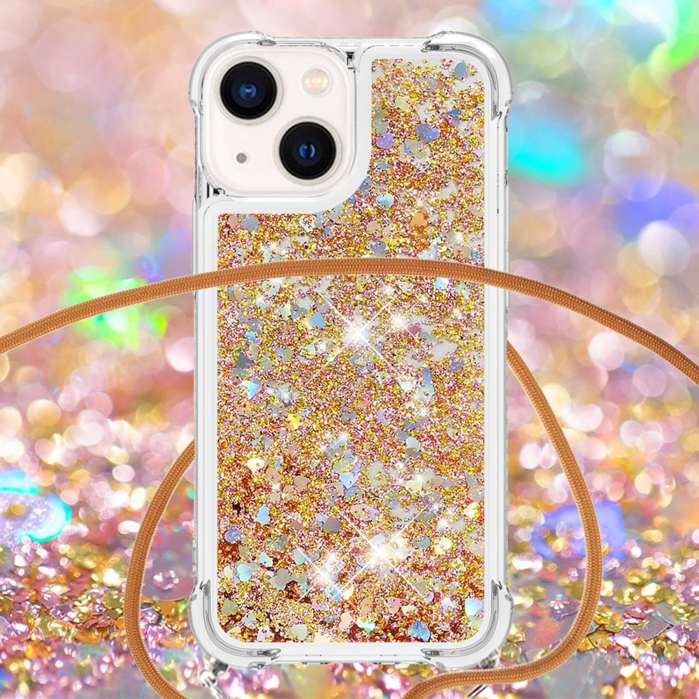 Glitter Powder TPU Deksel Halskjede iPhone 15 gull