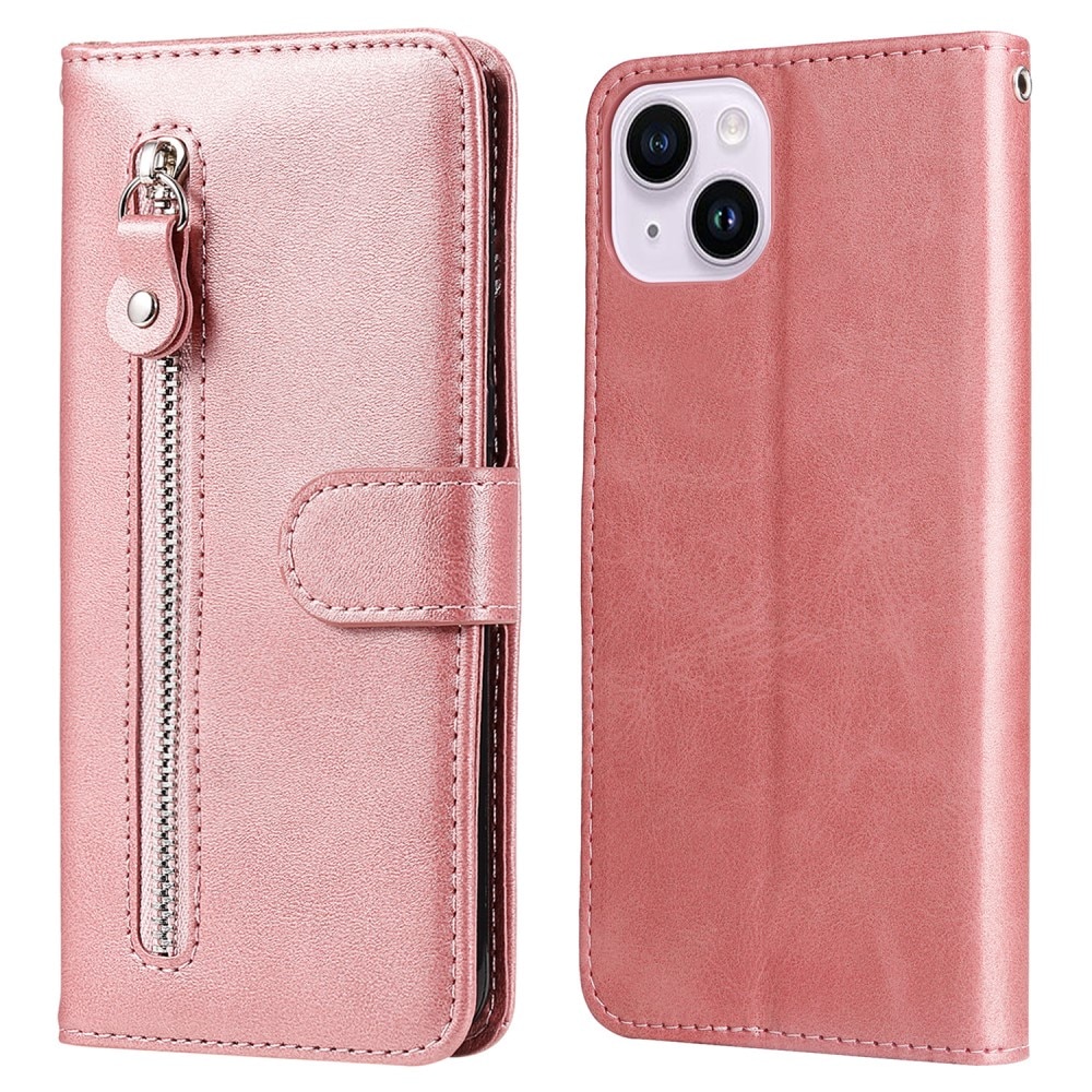 Lærveske Zipper iPhone 15 rosa