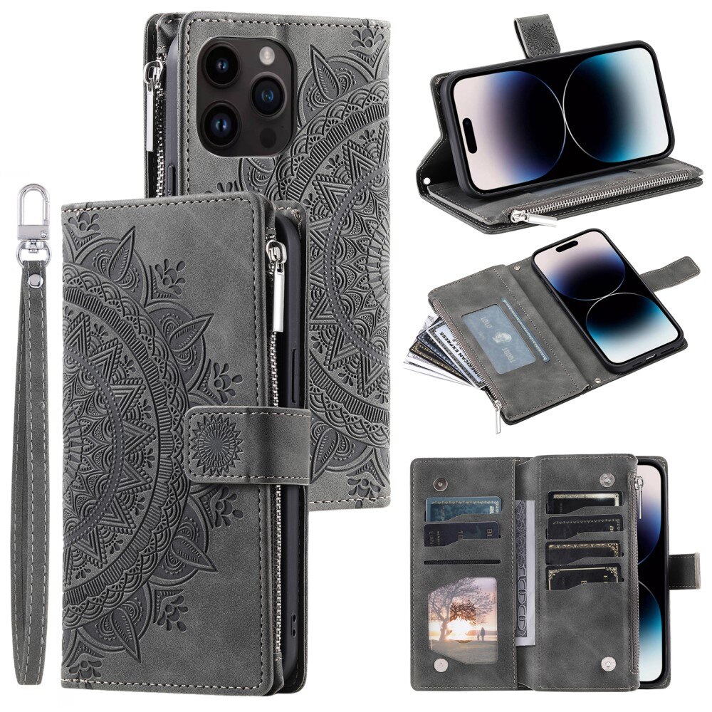 Lommebokveske iPhone 15 Pro Mandala grå