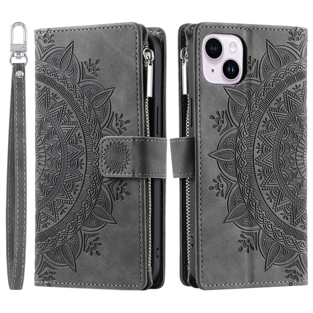 Lommebokveske iPhone 15 Mandala grå