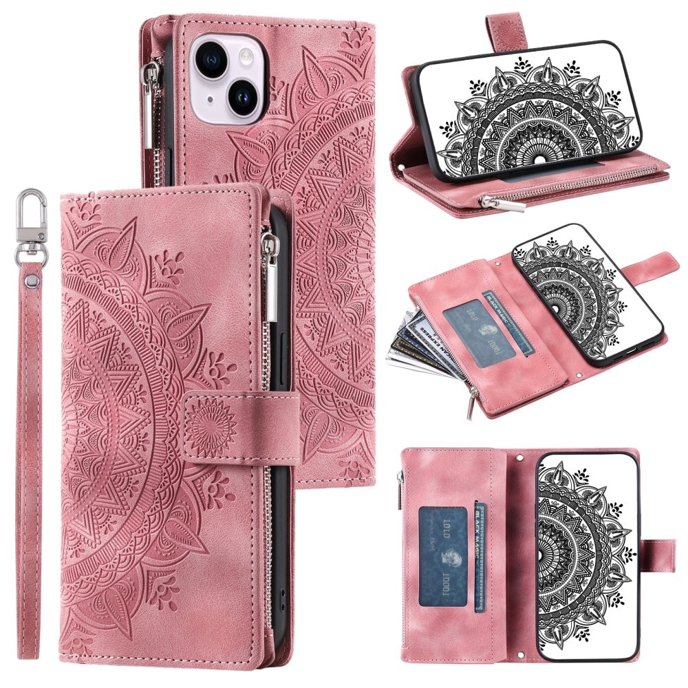 Lommebokveske iPhone 15 Mandala rosa