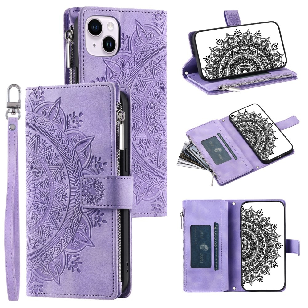 Lommebokveske iPhone 15 Mandala lilla