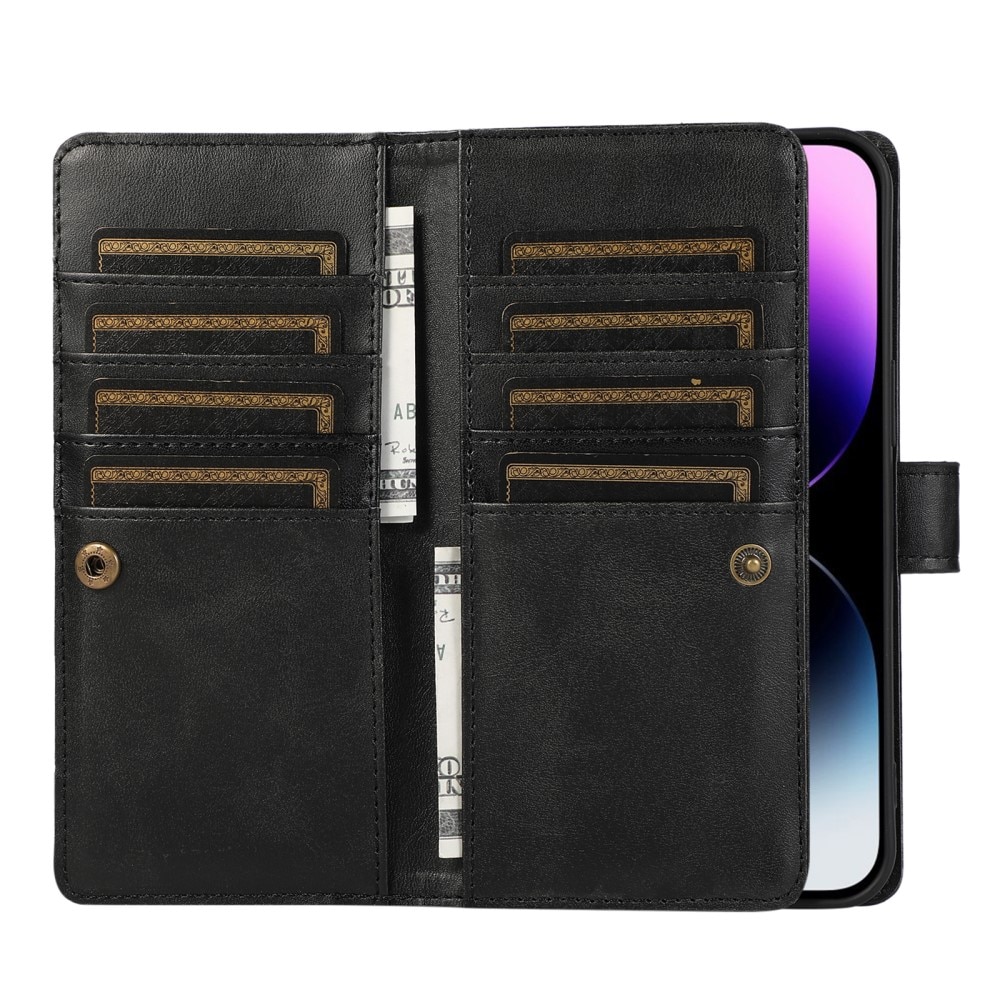Lærlommebok Multi-slot Zipper iPhone 15 svart