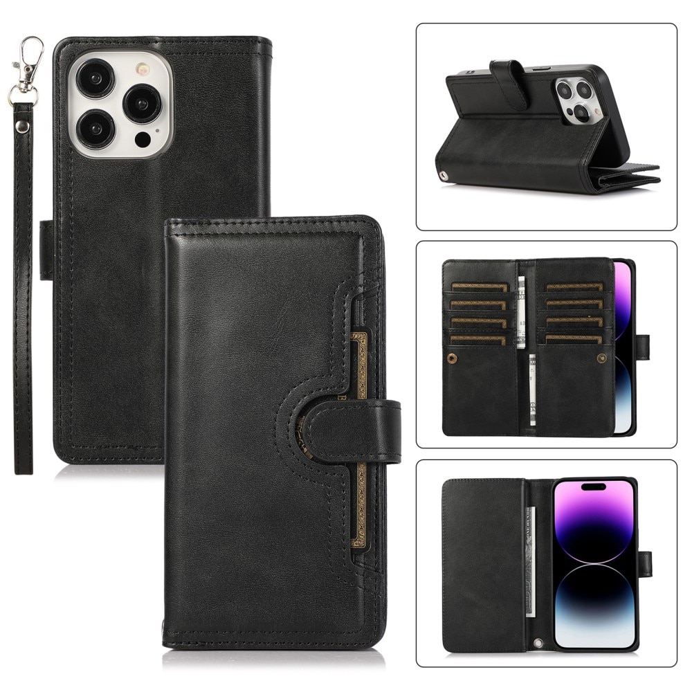Lærlommebok Multi-slot Zipper iPhone 15 Pro Max svart