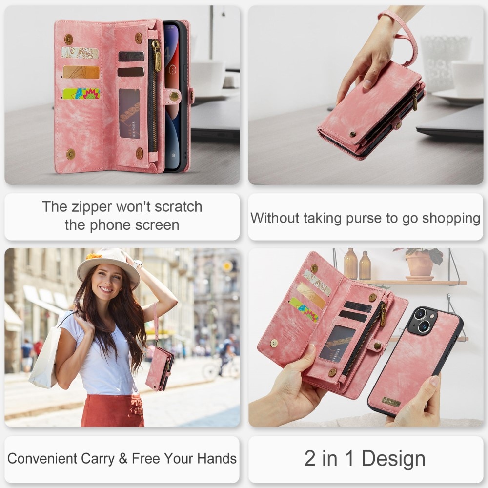 Multi-slot Lommeboksetui iPhone 15 rosa
