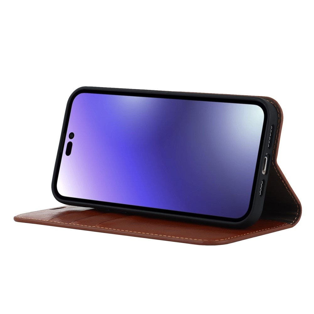 Mobiletui Ekte Lær iPhone 15 Pro Brun