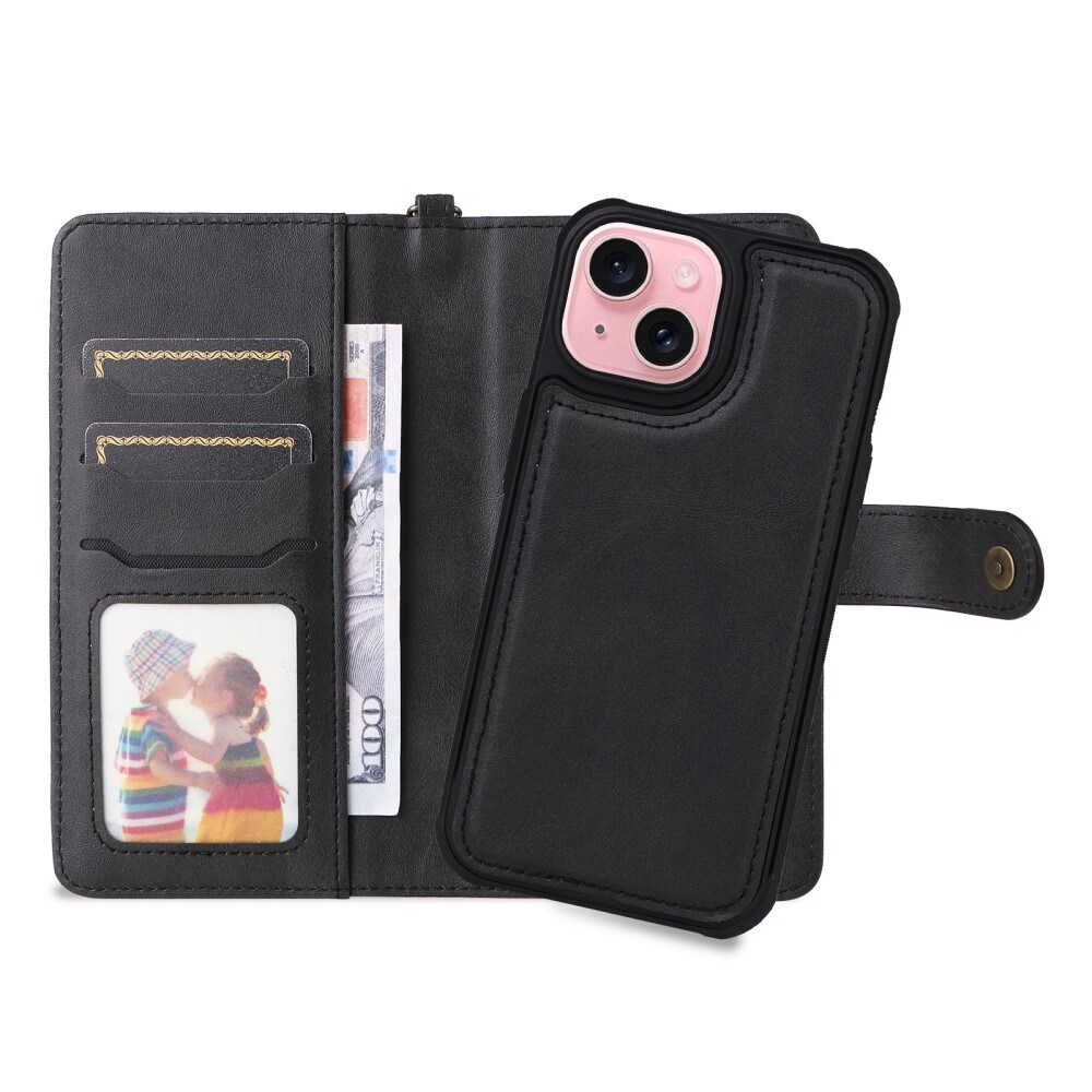 Magnet Leather Wallet iPhone 15 svart