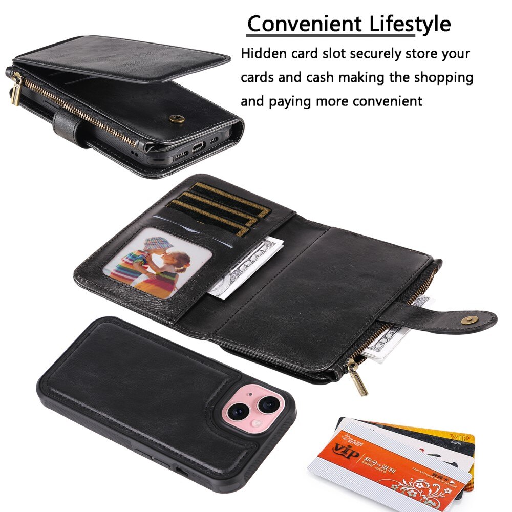 Magnet Leather Multi-Wallet iPhone 15 svart