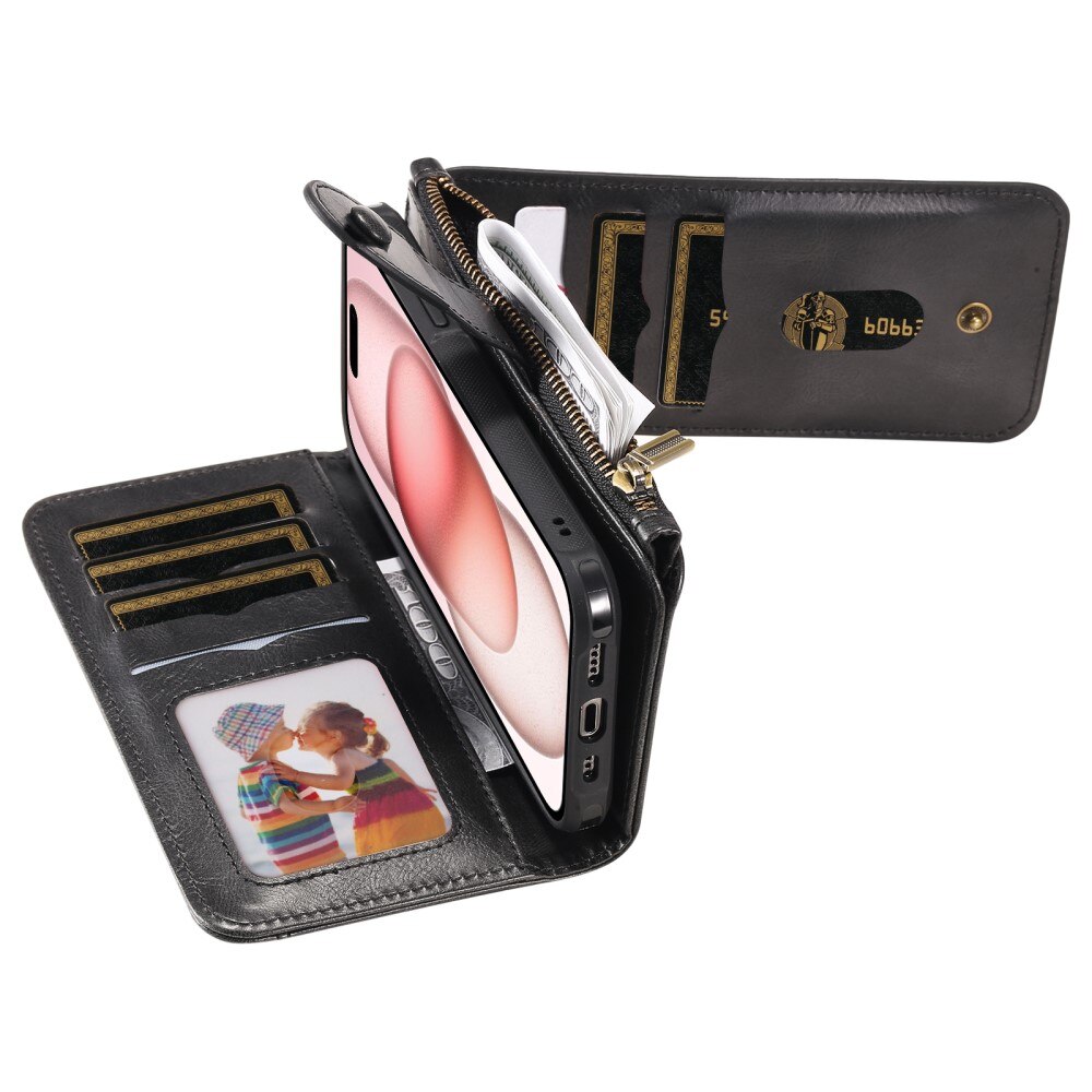 Magnet Leather Multi-Wallet iPhone 15 svart