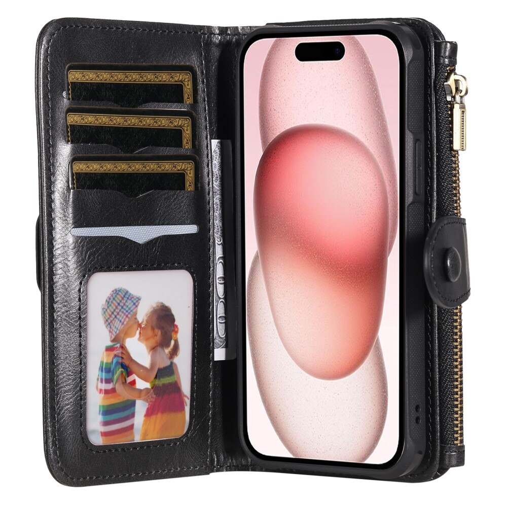 Magnet Leather Multi-Wallet iPhone 15 svart