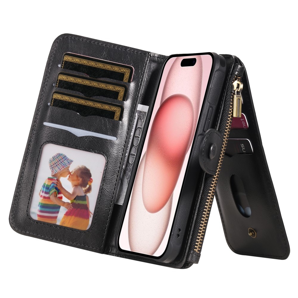 Magnet Leather Multi-Wallet iPhone 15 svart