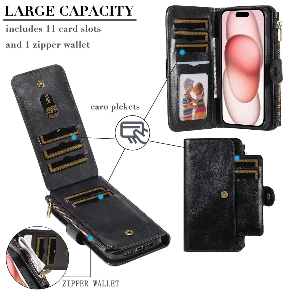 Magnet Leather Multi-Wallet iPhone 15 svart