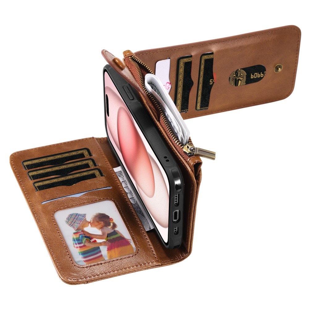 Magnet Leather Multi-Wallet iPhone 15 brun