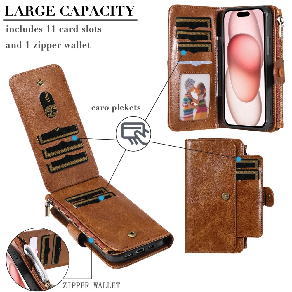 Magnet Leather Multi-Wallet iPhone 15 brun