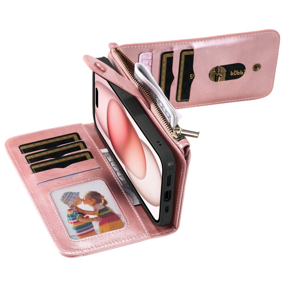 Magnet Leather Multi-Wallet iPhone 15 rosa