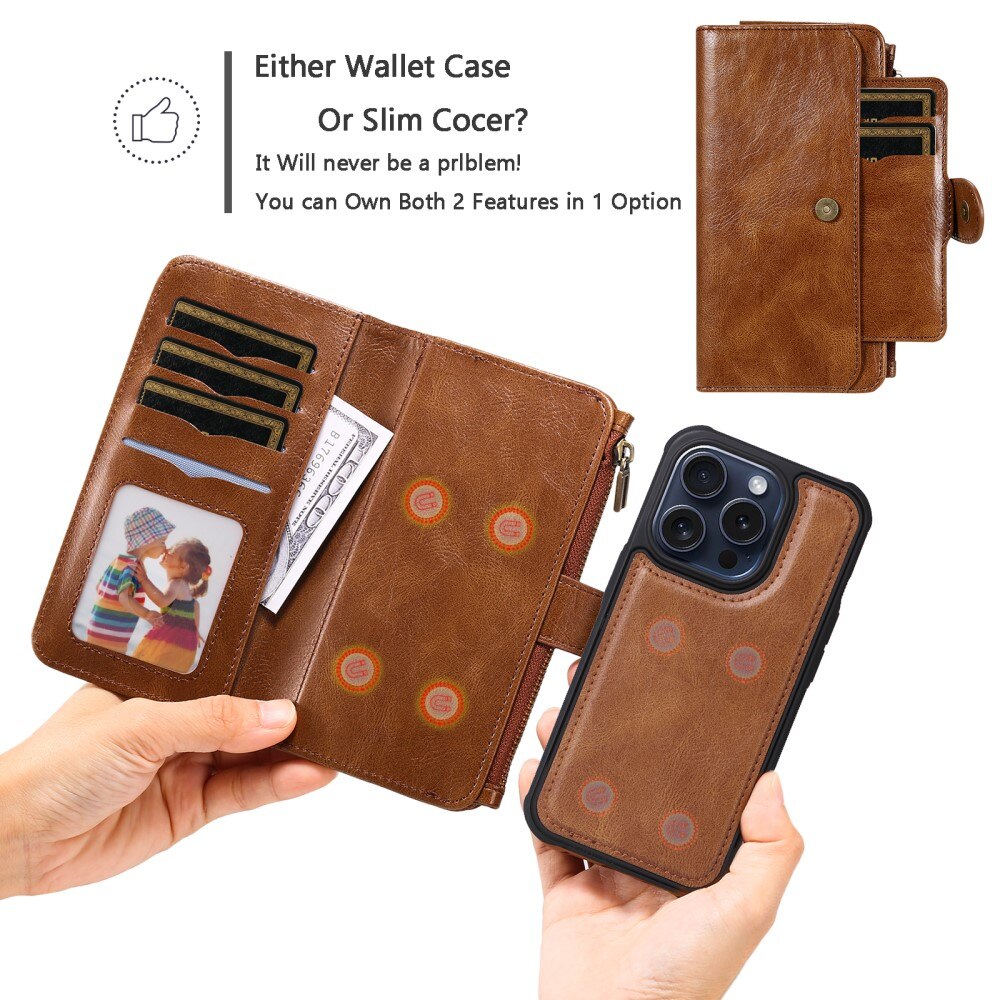 Magnet Leather Multi-Wallet iPhone 15 Pro brun