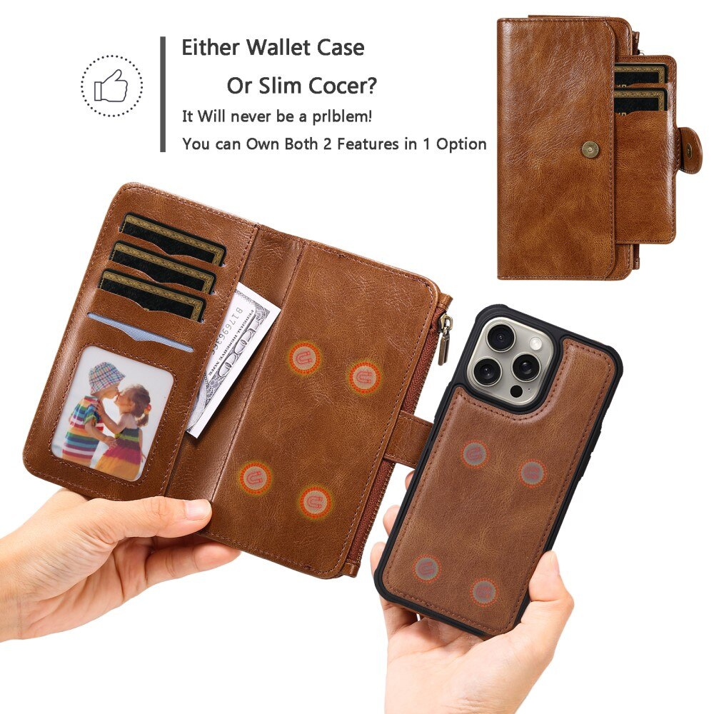 Magnet Leather Multi-Wallet iPhone 15 Pro Max brun