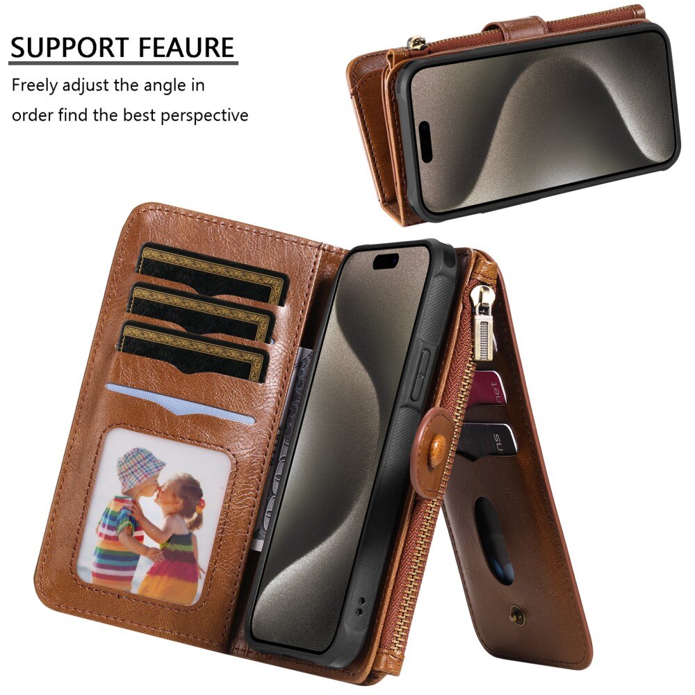 Magnet Leather Multi-Wallet iPhone 15 Pro Max brun