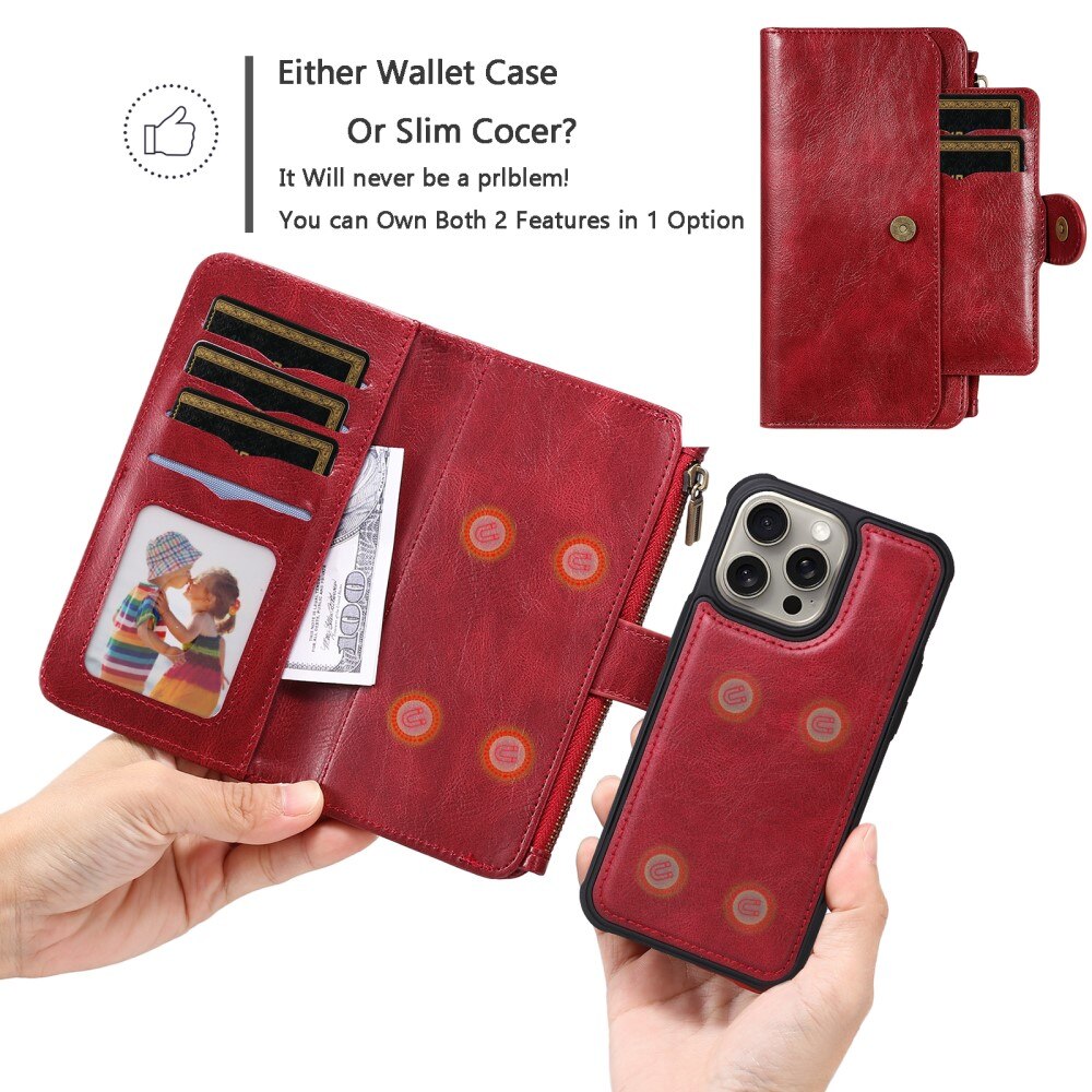 Magnet Leather Multi-Wallet iPhone 15 Pro Max rød