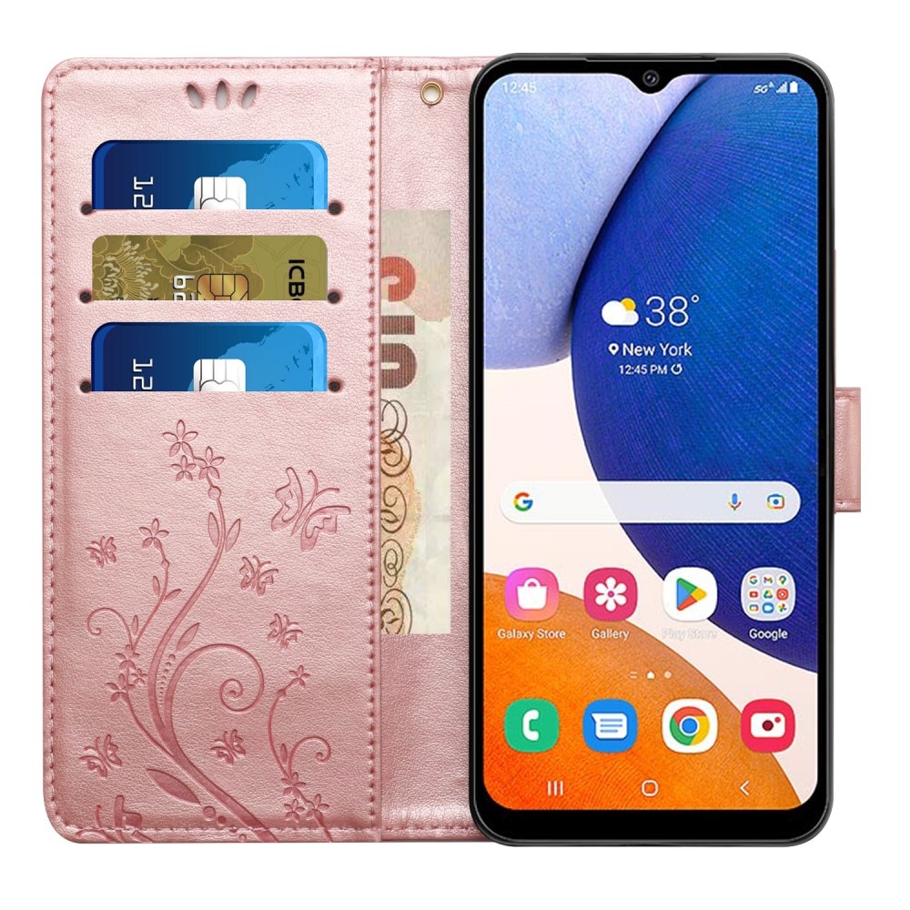 Lærveske Sommerfugler Samsung Galaxy A15 rosa gull