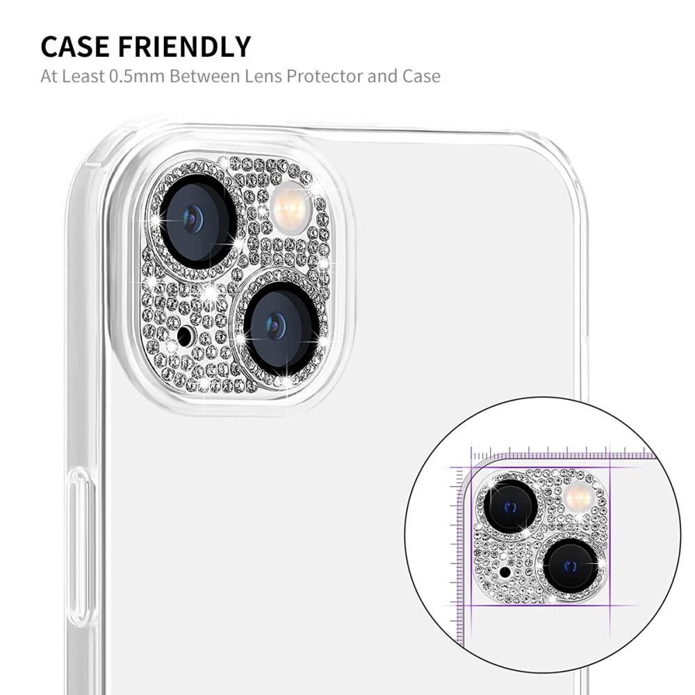 Glitter Kamerabeskyttelse Aluminium+Herdet Glass iPhone 14 sølv