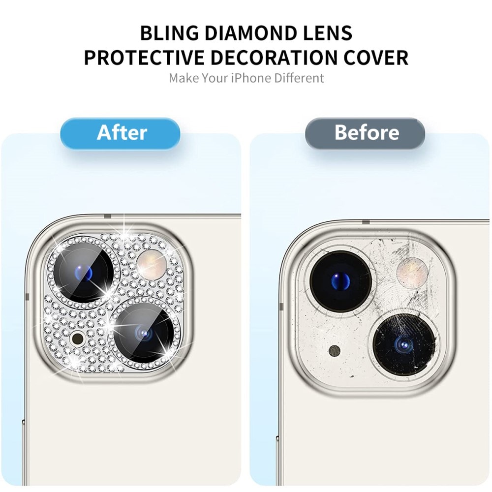 Glitter Kamerabeskyttelse Aluminium+Herdet Glass iPhone 14 gull