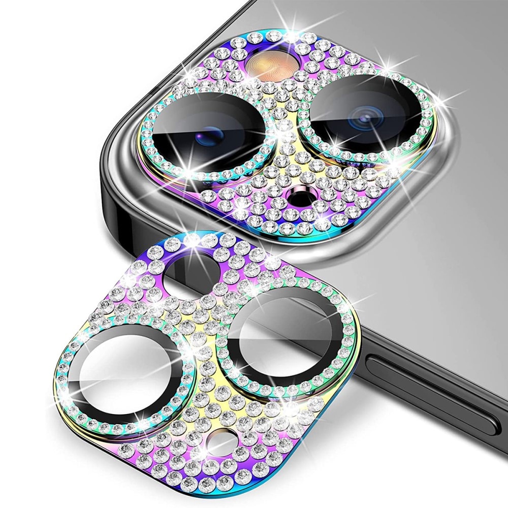 Glitter Kamerabeskyttelse Aluminium+Herdet Glass iPhone 14 regnbue