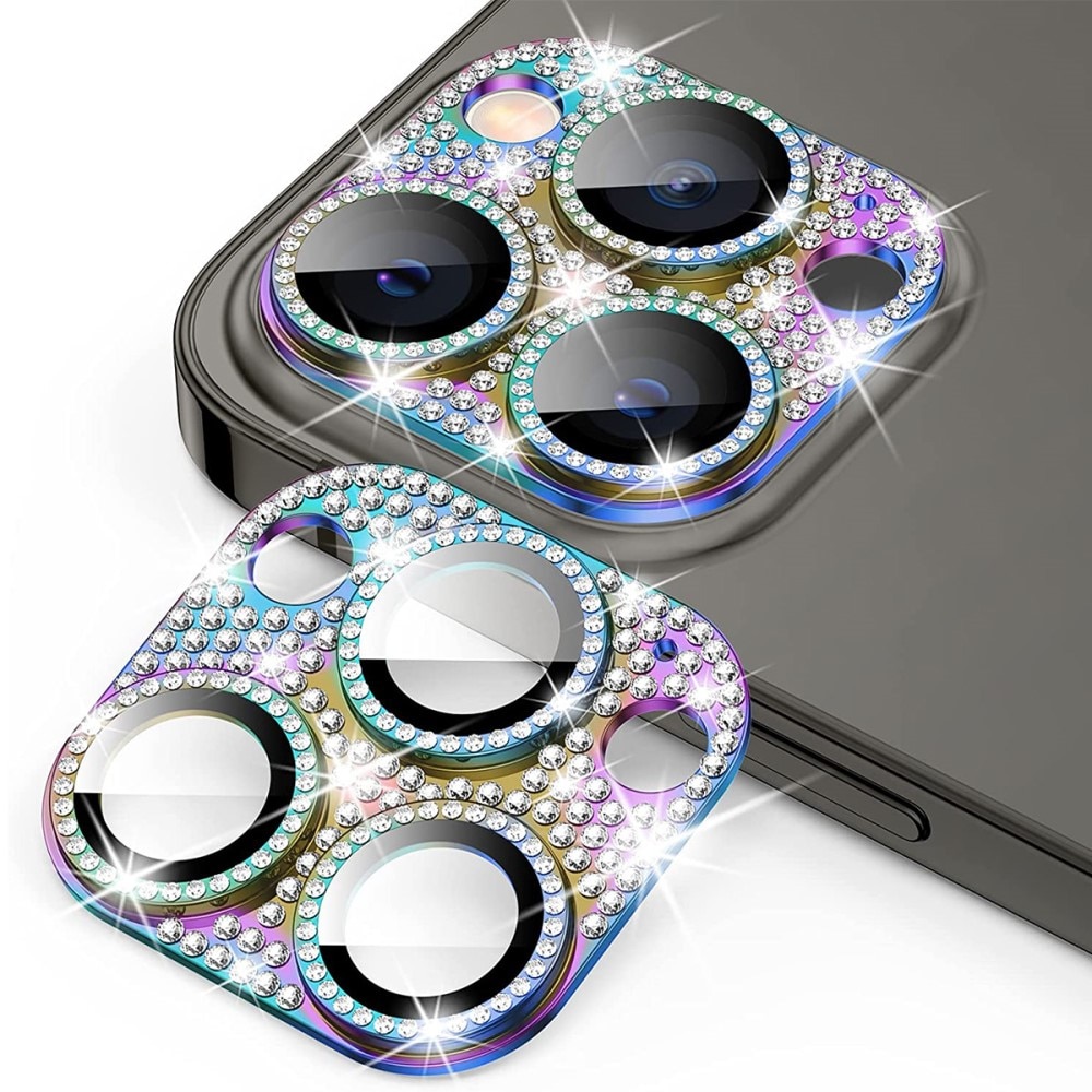 Glitter Kamerabeskyttelse Aluminium+Herdet Glass iPhone 13 Pro Max regnbue