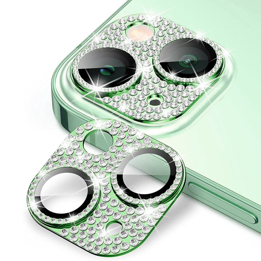 Glitter Kamerabeskyttelse Aluminium+Herdet Glass iPhone 15 grønn